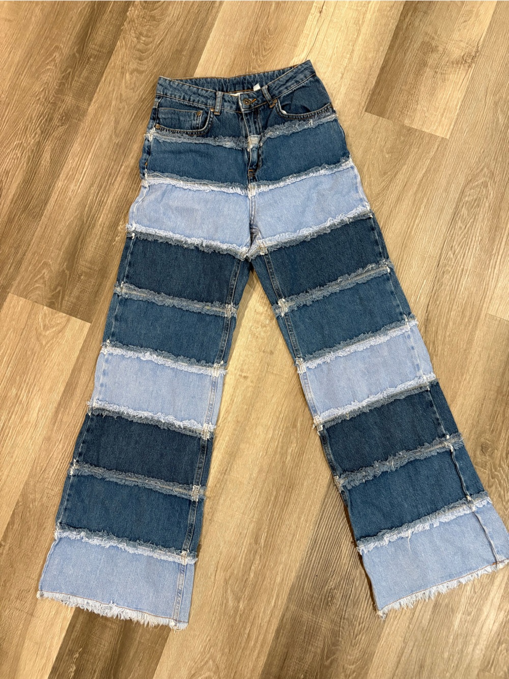 Ragged Jeans Patchwork Panel Denim Jeans Sz 26 2-Tone Blue Layer Frayed Seam Y2K